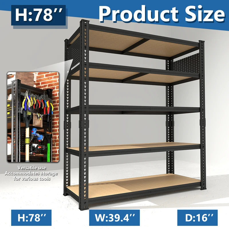 Heavy-Duty 5-Tier Adjustable Metal Shelving Unit with Pegboard System for Basement Garage Warehouse