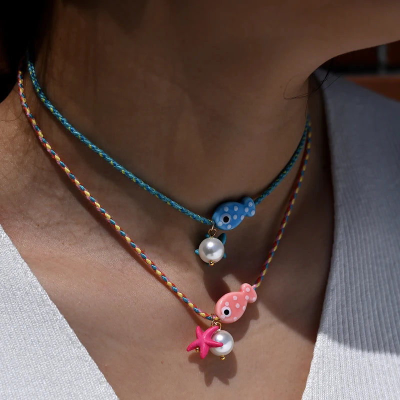 Colorful Bohemian Ceramic Fish Pendant Necklace for Women with Adjustable Rope Choker