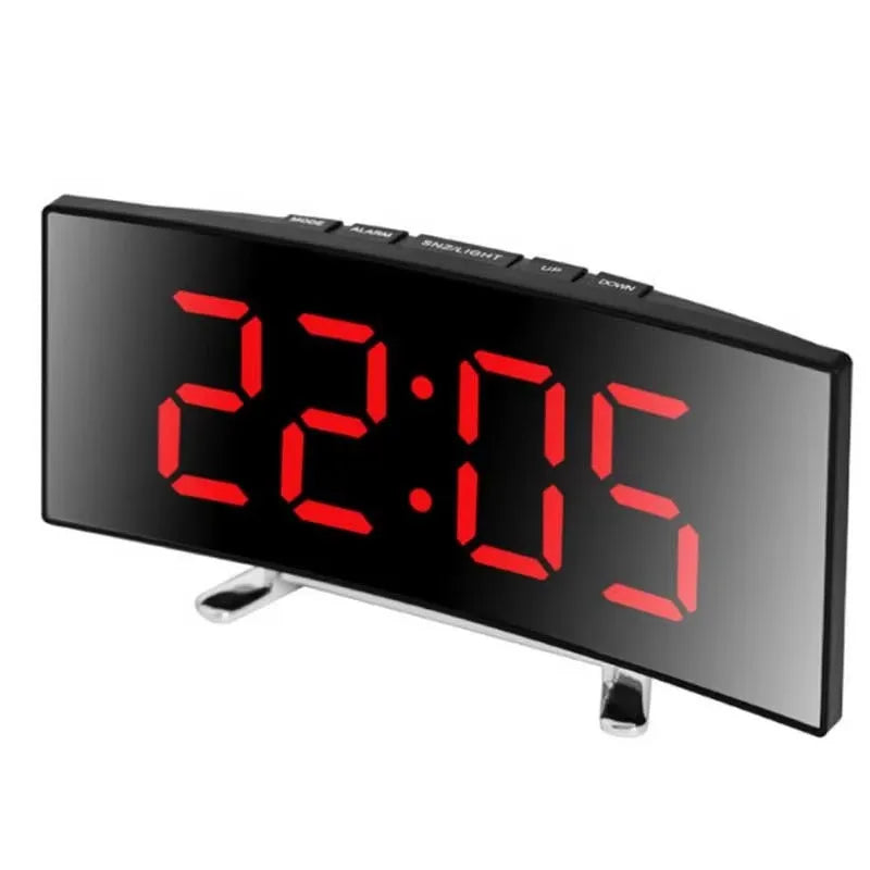 Large Mirror LED Alarm Clock with Silent Operation - Modern Curved Design, Desktop Clock for Living Room & Bedroom