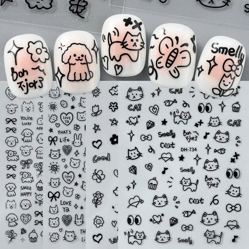 4-Pack Cute Cartoon Nail Art Stickers for DIY Manicure, Kawaii Flower and Animal Designs