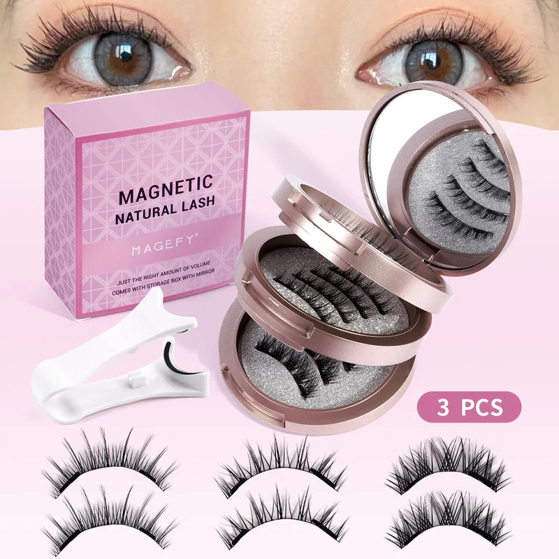 Magnetic Eyelashes Set 3 Pairs Reusable False Lashes with Applicator Natural Look
