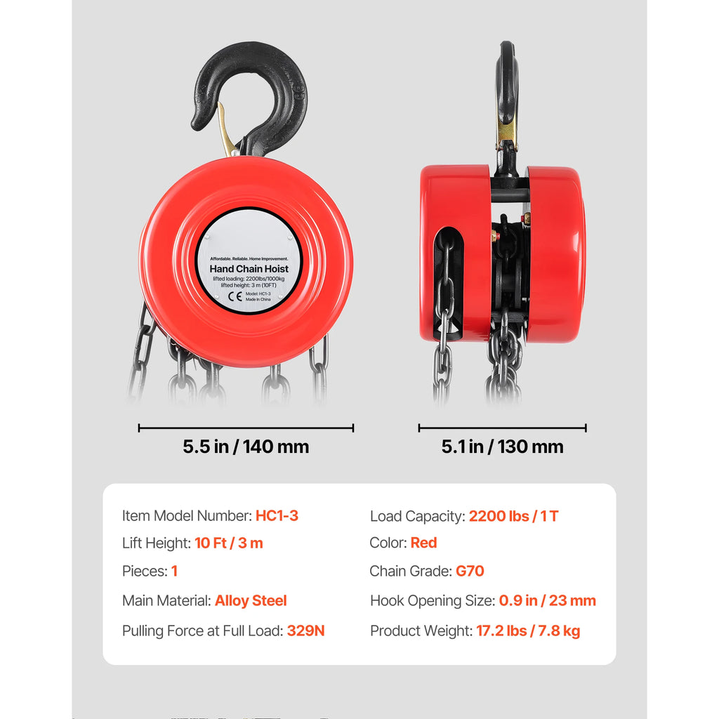 Manual Chain Hoist with 2200/4400 lbs Capacity & Adjustable Lifting Heights
