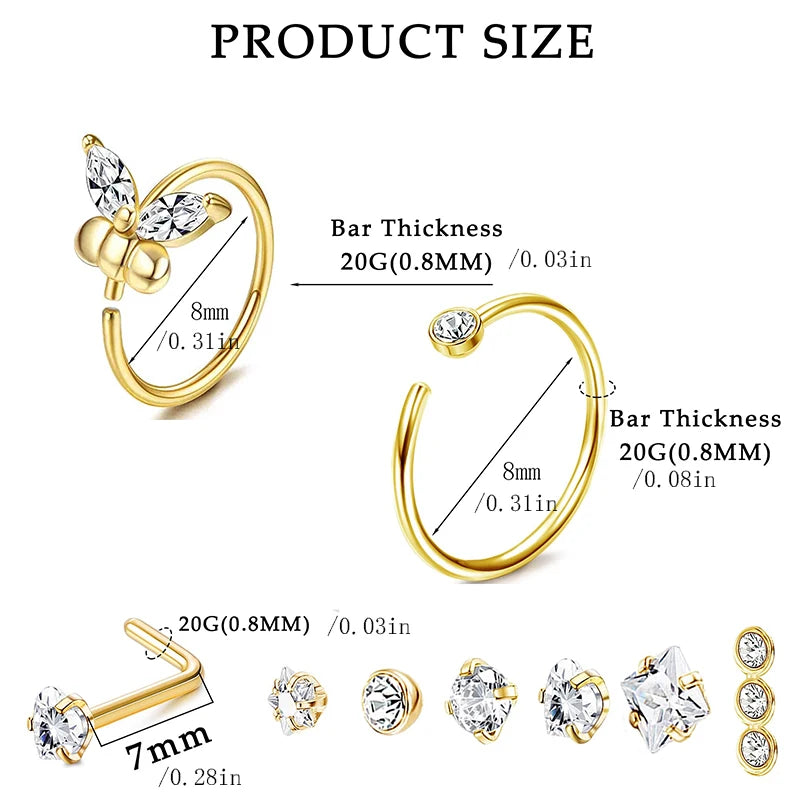 20G Nose Rings Studs Hoop Screw L Shaped Body Jewelry for Women