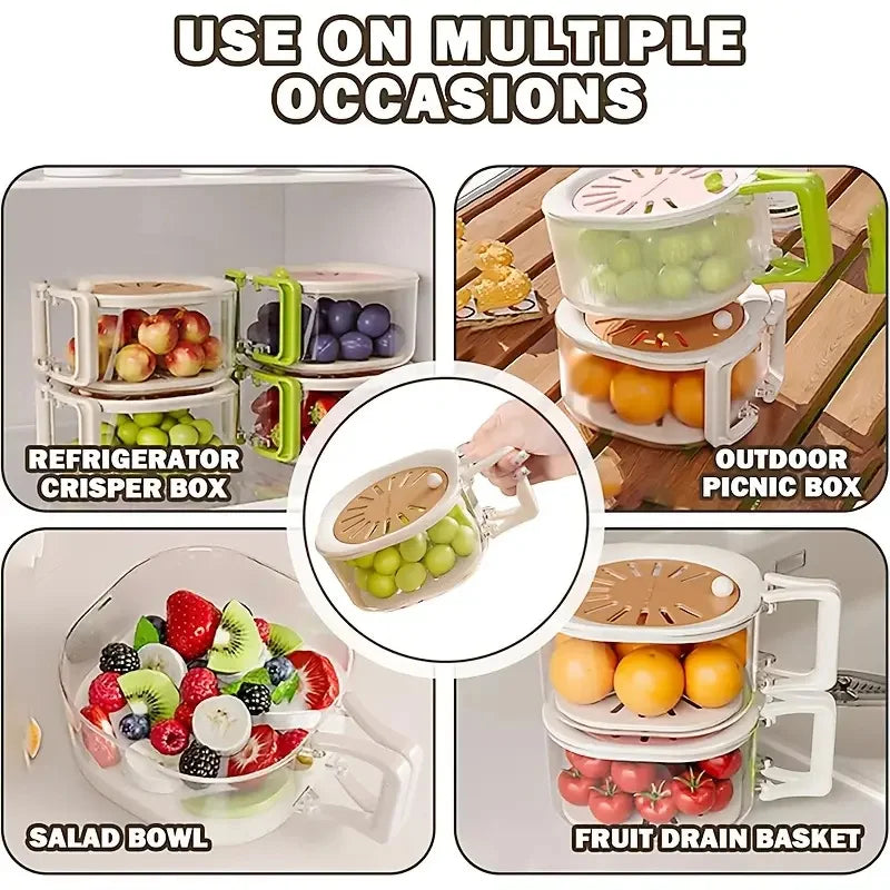 2-in-1 Double Layer Fruit Drain Basket with Foldable Handle Food Strainer
