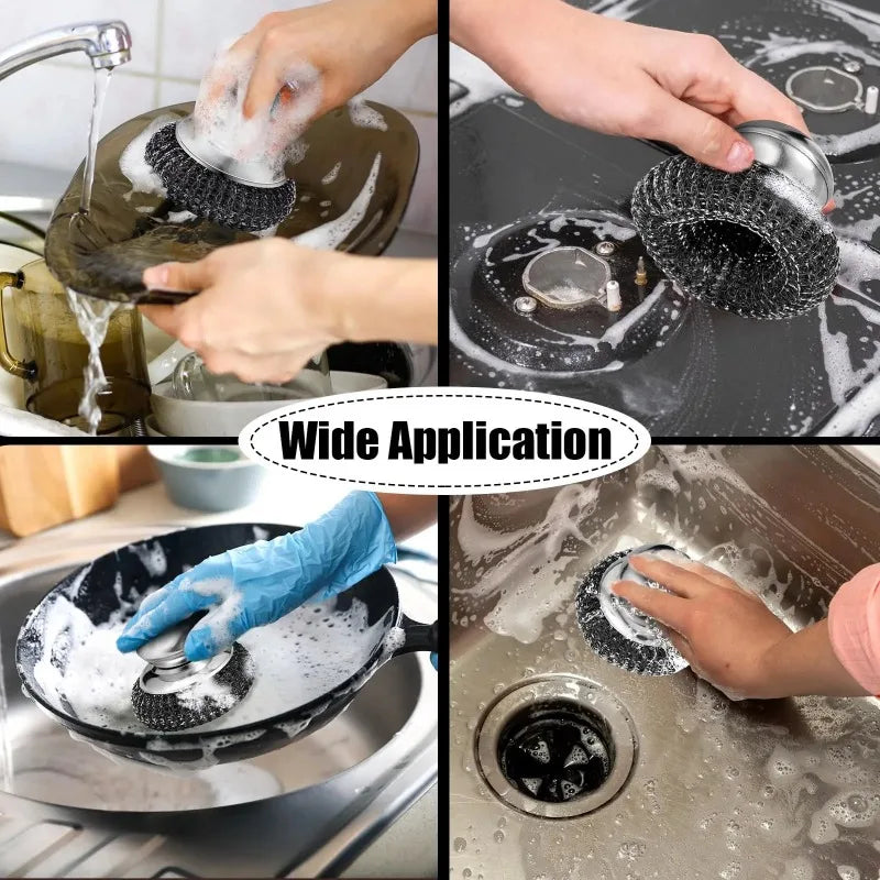 Stainless Steel Pot Brush with Handle and Metal Ball for Dishwashing - Kitchen Cleaner