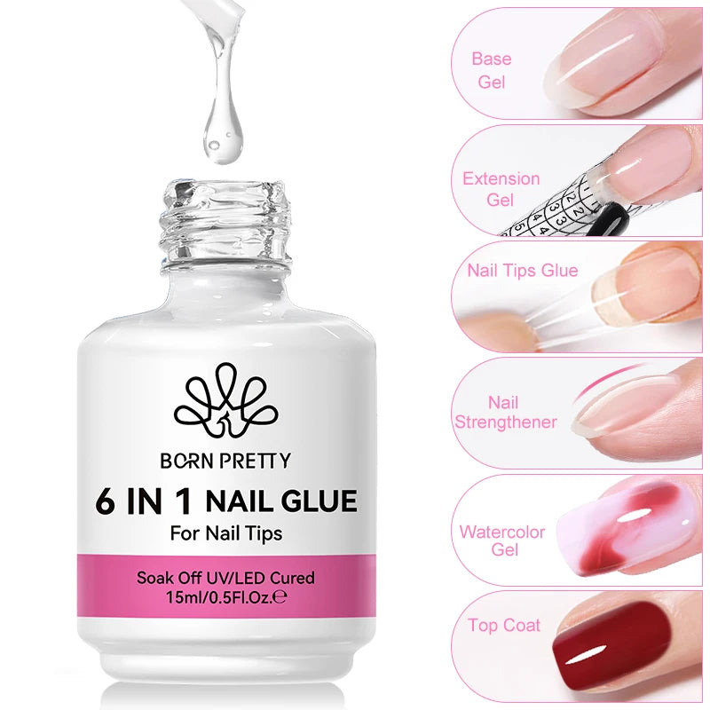 6-in-1 Nail Gel Glue Kit with Base, Top Coat & False Tips - 15ml