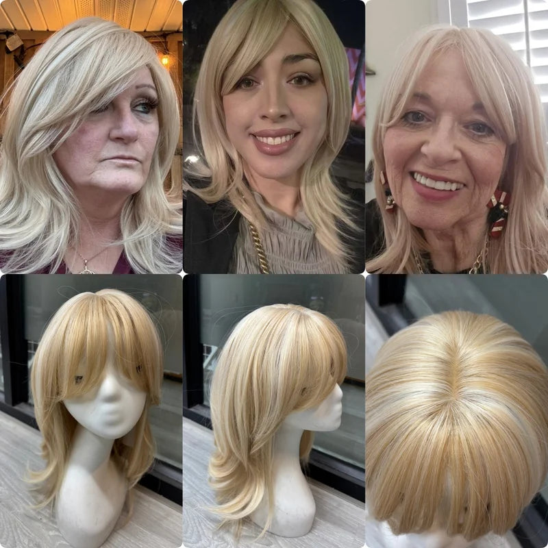 Blonde Synthetic Wig for Women Medium Length Straight with Bangs - Heat Resistant & Natural Look