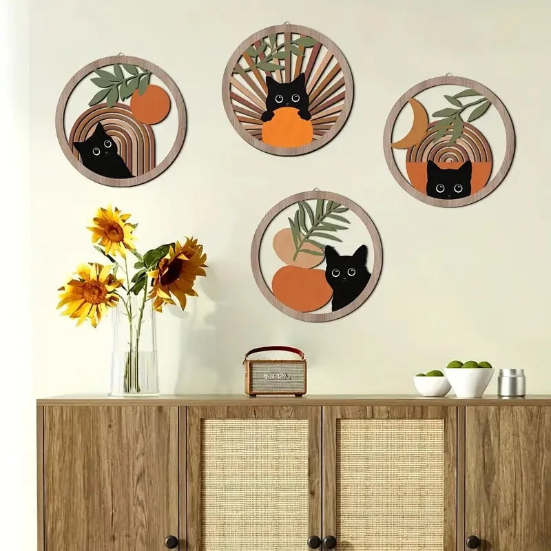 Bohemian Wall Art Decor Set - Hollowed-Out Wooden Sculptures for Living Room and Bedroom