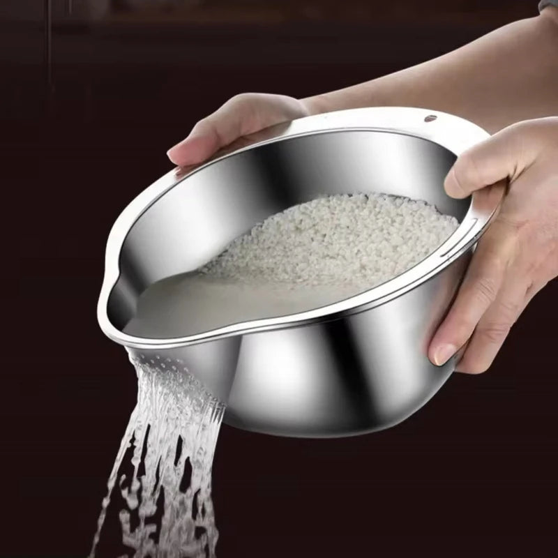 Stainless Steel Rice Washer Strainer Bowl Kitchen Sieve & Colander