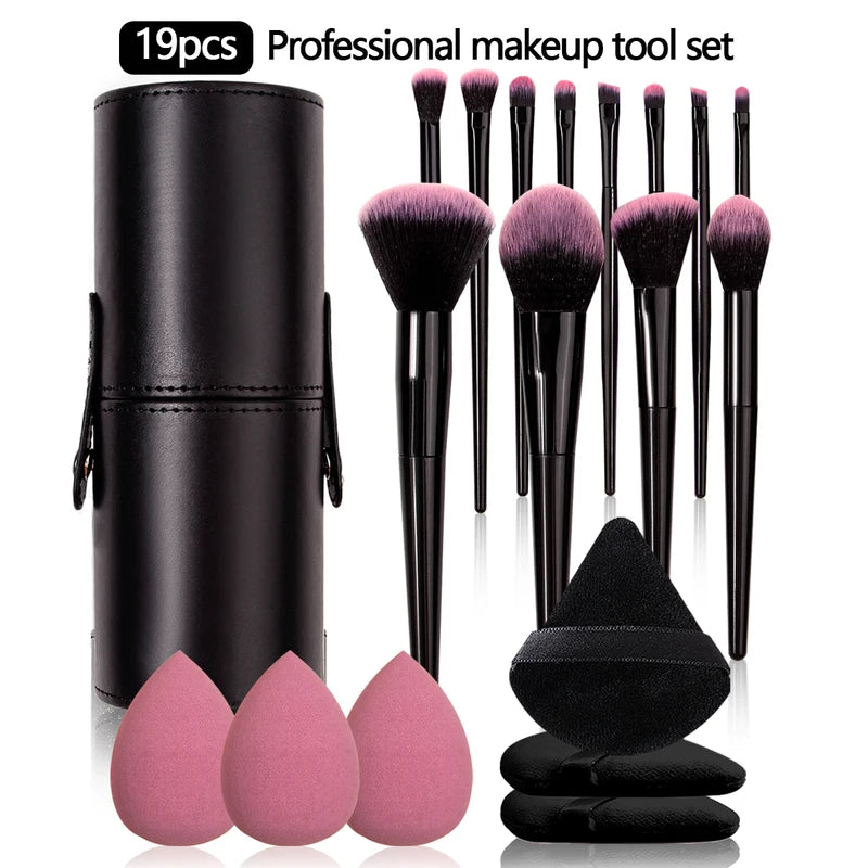 19-Piece Makeup Brush Set with Powder Puffs and Storage Bucket - Color Variations