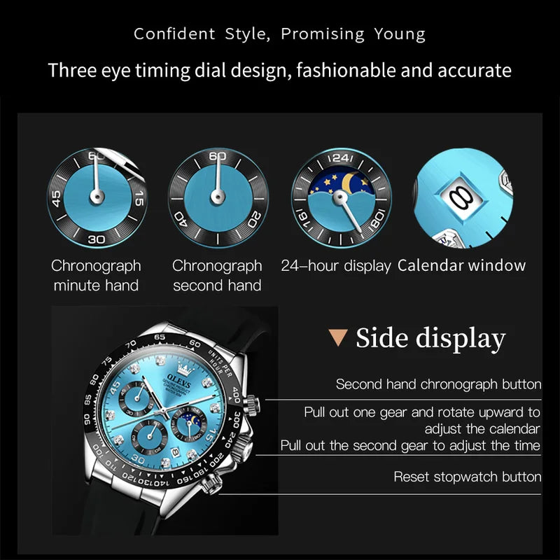 Men's Waterproof Quartz Sport Watch with Luminous Dial and Moon Phase