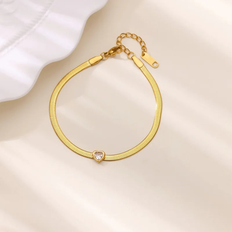Heart Charm Zircon Birthstone Bracelet for Women Gold Tone Stainless Steel Jewelry Gift