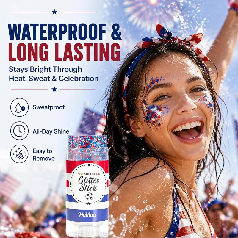 Waterproof Glitter Stick for Face Hair Body & Nails - Patriotic 4th of July Festival Makeup