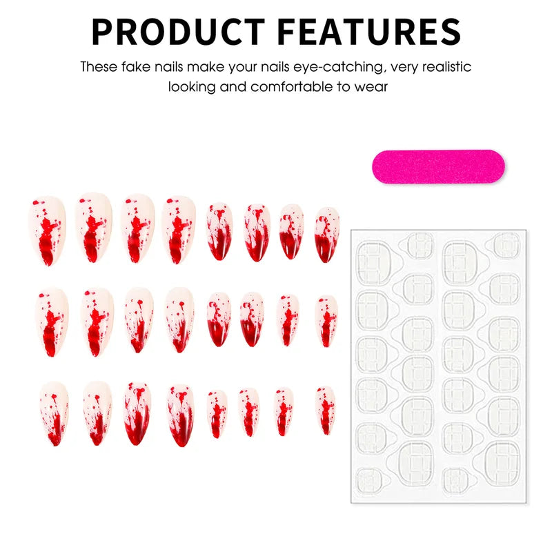 24Pcs Halloween Fake Nails with Red Blood Design - Press On Full Cover Manicure Set