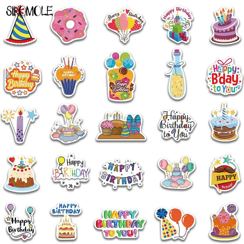Kids Cartoon Happy Birthday Sticker Set - Graffiti, Kawaii, Toy DIY Decals, Multiple Colors