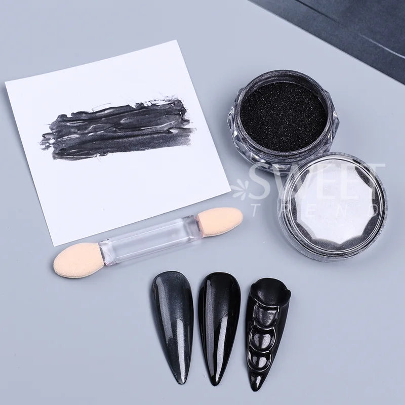 Black Mirror Nail Glitter Pigment 2pcs Y2K Chrome Rubbing Dust for Manicure