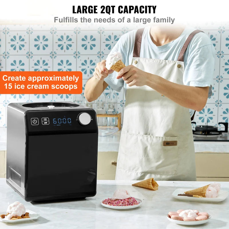Upright Automatic Ice Cream Maker 2 Quart with Built-in Compressor No Pre-freezing