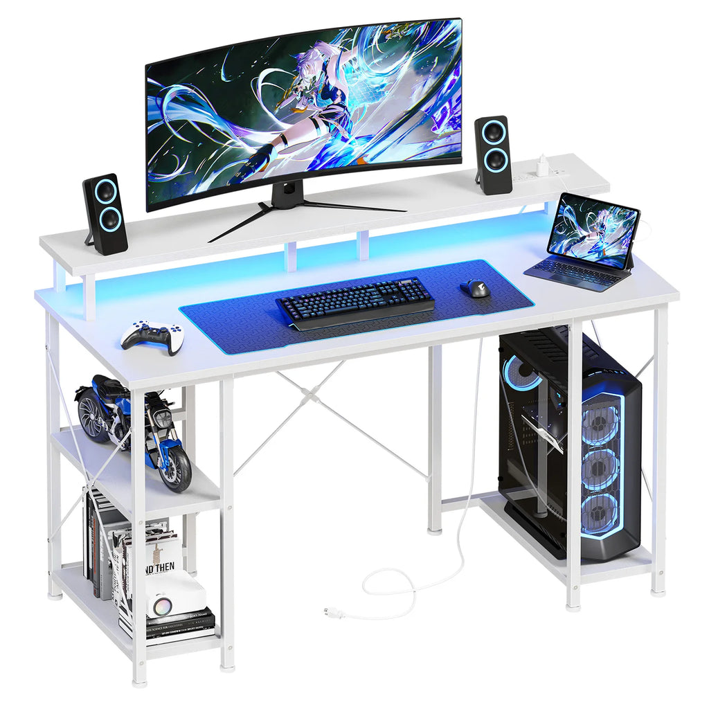 48-Inch Computer Desk with Shelves Drawers and LED Lighting - Office Gaming Table with Power Outlets