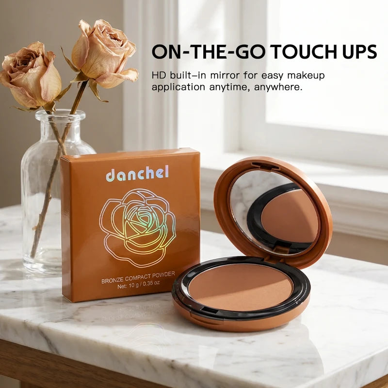 Bronze Compact Powder with Mirror - Long-Lasting Matte Finish Face Powder for Natural Skin Tone