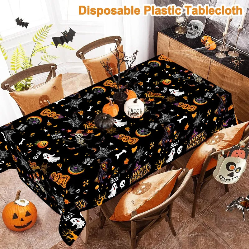 Halloween Tablecloth 130x220cm Disposable Plastic Party Covering Ghost Skeleton Witch Design Black