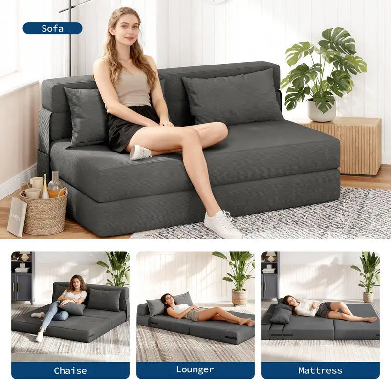 4-in-1 Folding Sofa Bed Convertible Sleeper Couch with Pillow - Space-Saving Loveseat & Chair