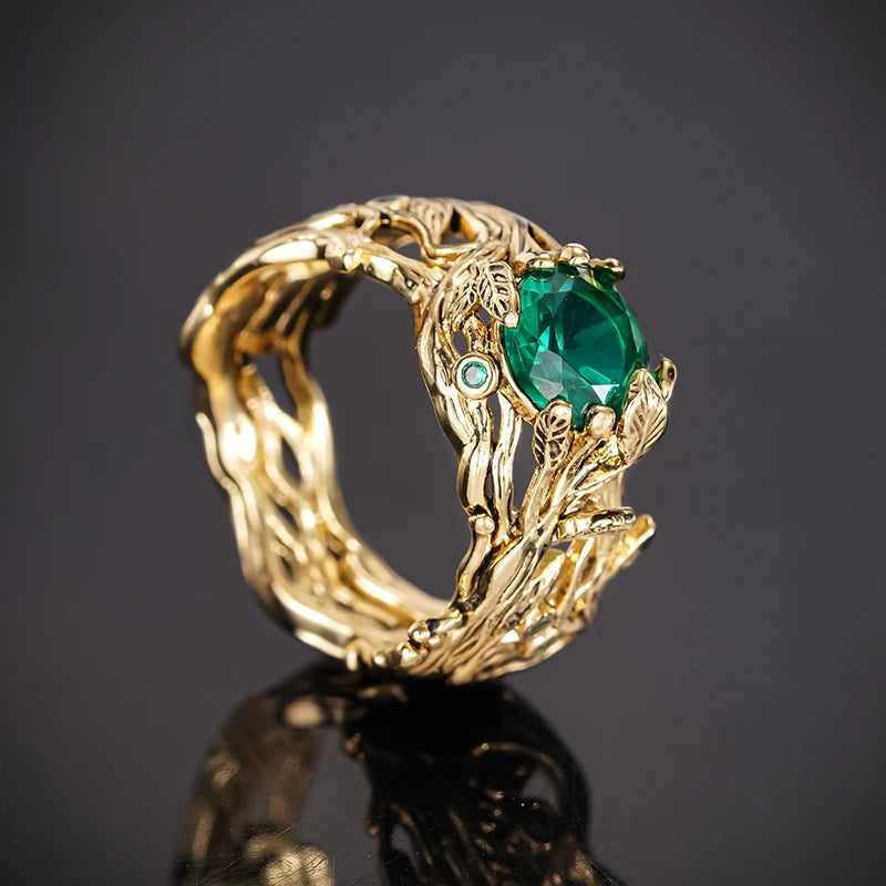 Elegant Leaf Design Gold Color Rings with Green Cubic Zirconia for Women