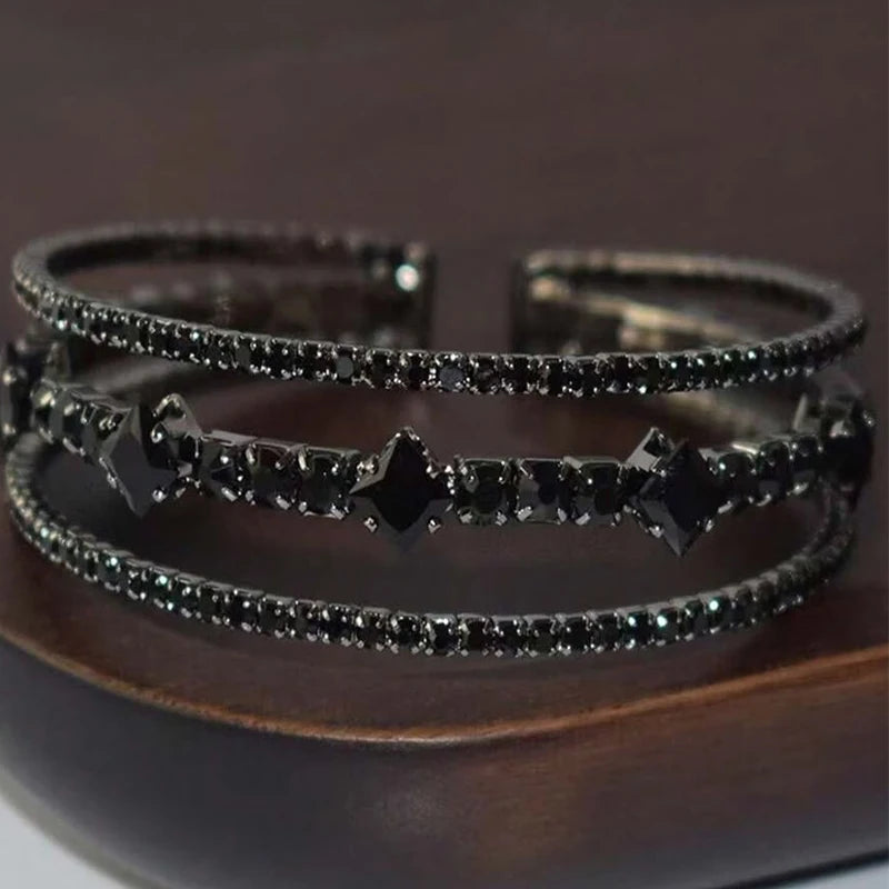 Gothic Black Open Ended Elastic Bracelet for Women 3-Row Zirconia Inlaid Copper Jewelry