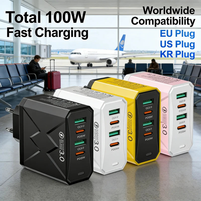 100W USB Type-C Fast Charging Wall Power Adapter Multi-Device Travel Charger