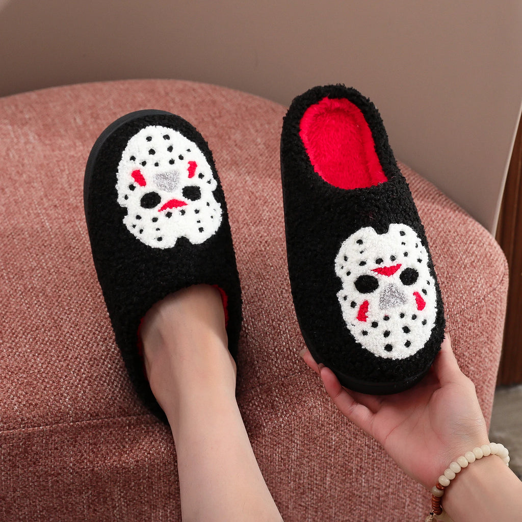 Warm Non-Slip Plush Indoor Slippers for Men and Women - Halloween Skull Pattern, Autumn Winter Gift