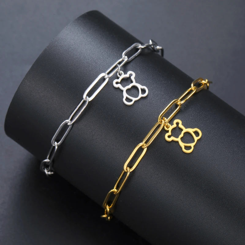 Cute Love Bear Pendant Women's Bracelet with Heart Charm - Stainless Steel Jewelry for Valentine's Day