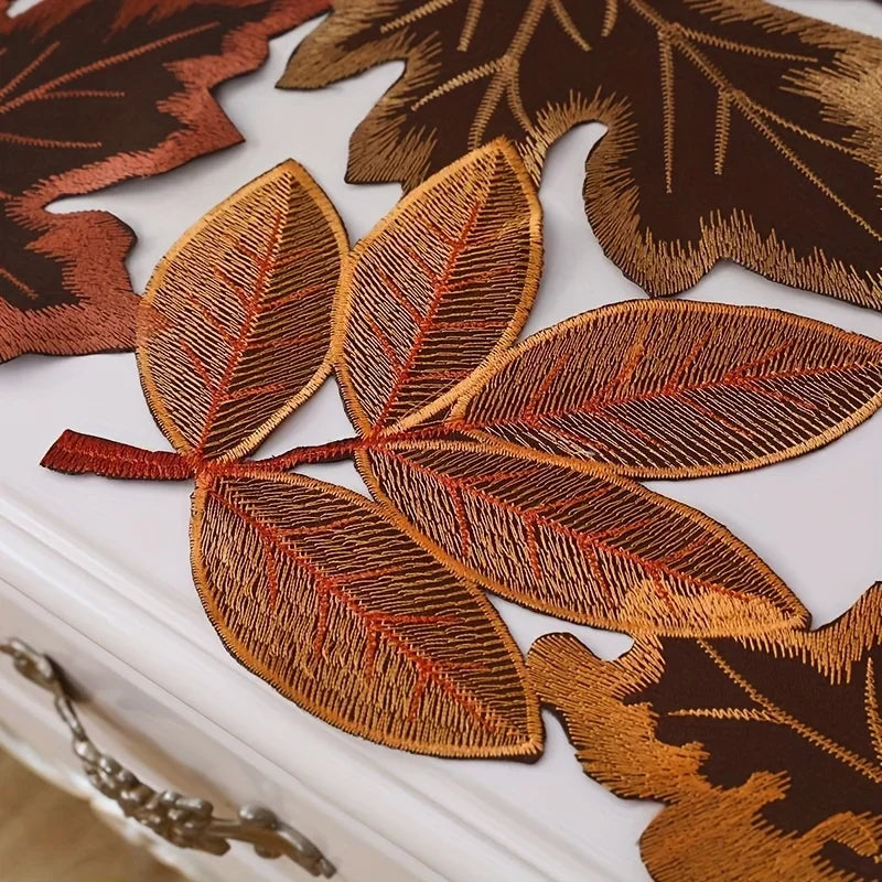 Autumn Maple Leaf Embroidered Table Runner with Flocked Design - Rustic Farmhouse Thanksgiving Decor