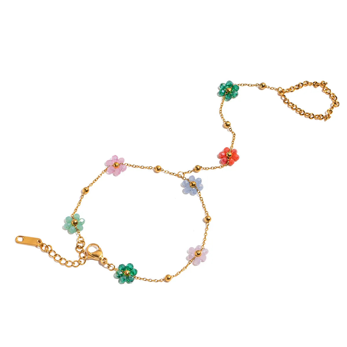 Colorful Crystal Beaded Flower Hand Chain Bracelet for Women Stainless Steel Jewelry