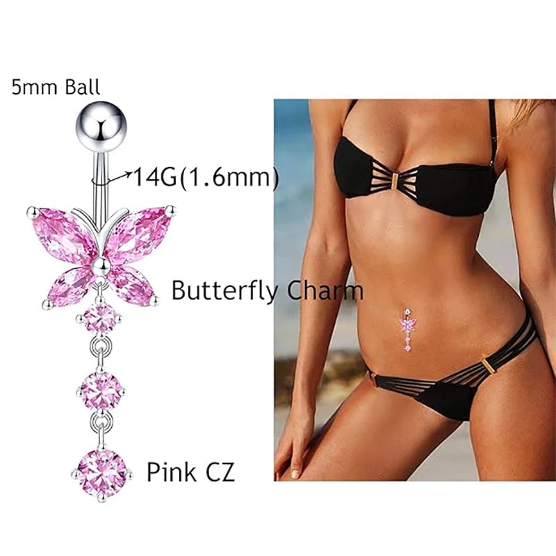 Pink Crystal Belly Button Ring with Butterfly Heart Pendant - Stainless Steel Navel Piercing for Women