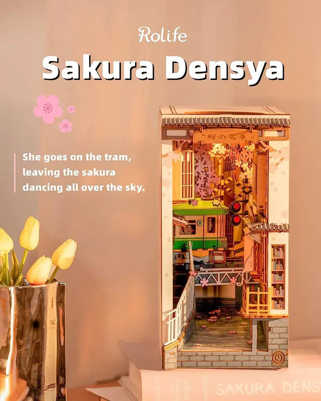 DIY Wooden Book Nook Kit with LED Light - Sakura Densya Japan Miniature House Model