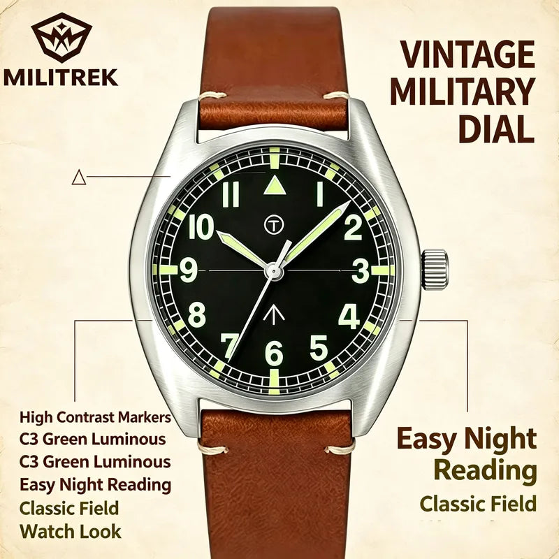 Men's Retro Field Watch 38mm Sapphire Glass Waterproof Quartz Sport Watch