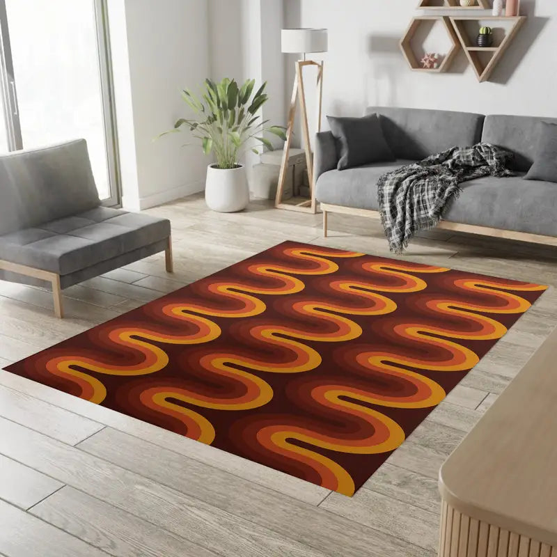 Geometric Area Rug - Retro 70s Style Mid-Century Dorm Decor in Multiple Sizes
