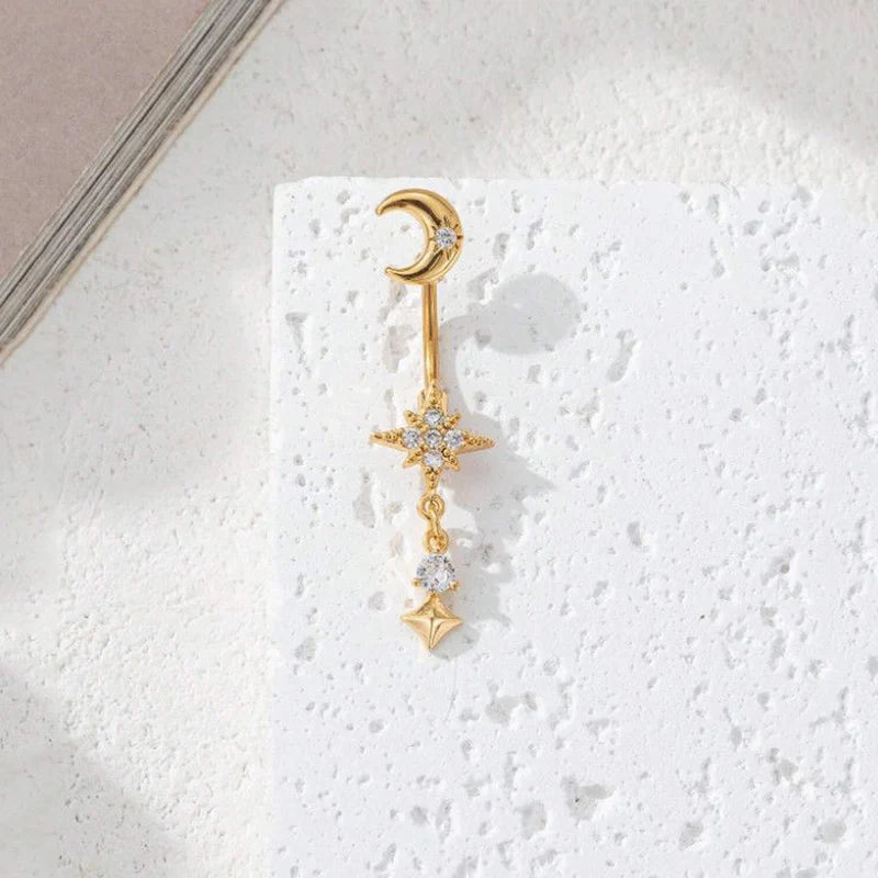 Moon & Star Belly Piercing Jewelry 14G Curved Navel Ring for Women Girls