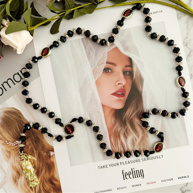 Holy Death Rosary Necklace - Santa Muerte Collar for Men Women - Gift