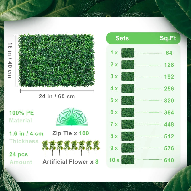 Artificial Boxwood Panel Wall Hedge - 24pcs Green Grass Outdoor Indoor Decor