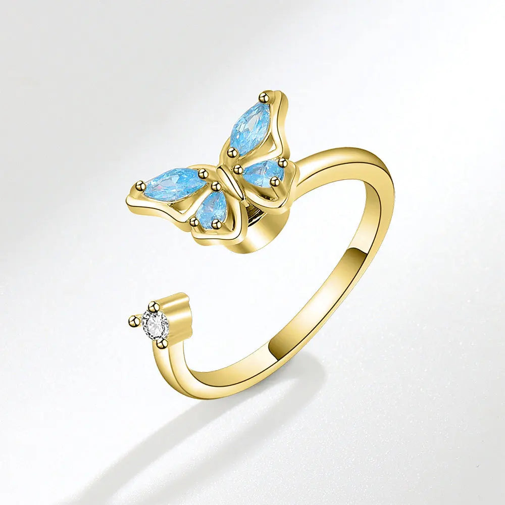 Adjustable Fidget Spinner Ring for Anxiety Relief Women Jewelry Crystal Flower Butterfly Animal Design