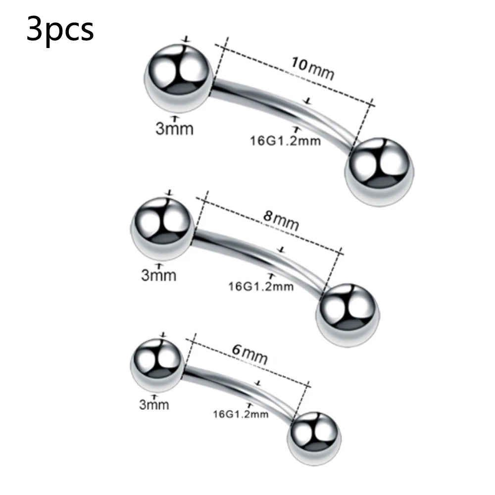 3PCS Body Jewelry Set Curved Barbell Lip Eyebrow Nipple Piercing Kit Men Women