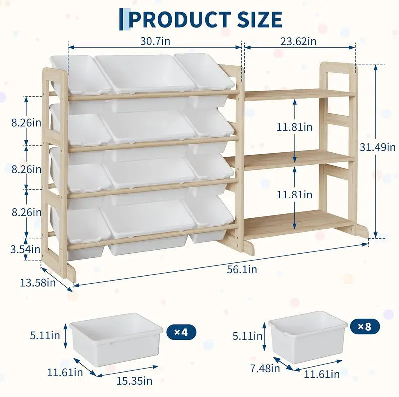 Kids Toy Storage Organizer with 12 Bins and Open Shelves - 56-Inch Wooden Bookcase