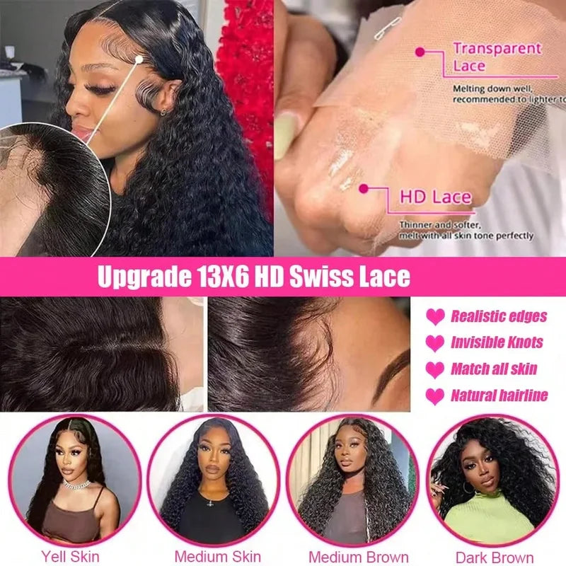 Deep Wave Frontal Wig 13x4 13x6 HD Transparent Lace 250% Density Human Hair