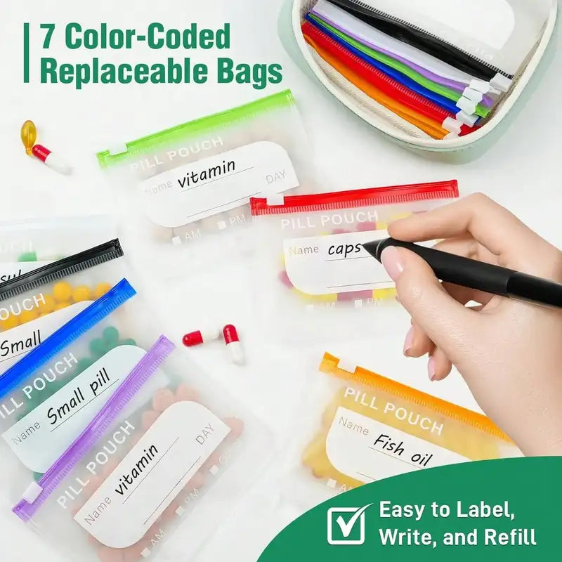 Waterproof Zipper Medicine Pouch Set with 14 Color Designs Weekly Organizer for Supplement Storage