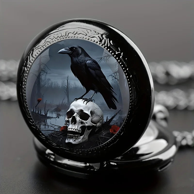 Vintage Gothic Crow & Skull Pocket Watch with Black Chain - Halloween Gift