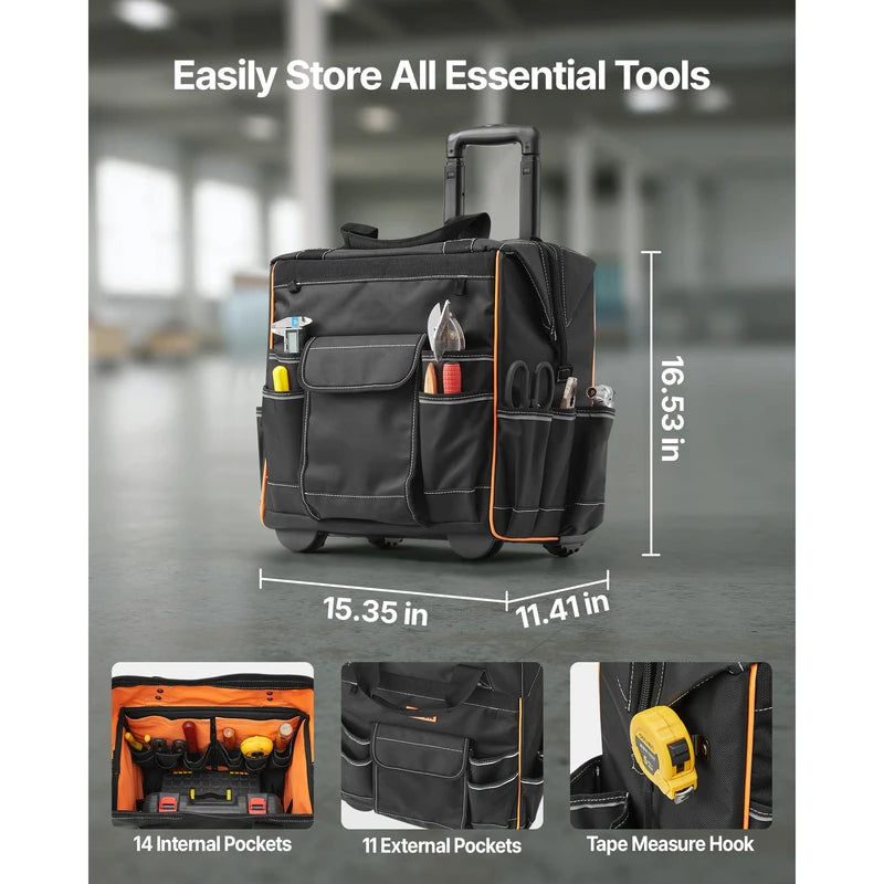 Heavy-Duty Rolling Tool Bag on Wheels with 25 Pockets, 110Lbs Capacity