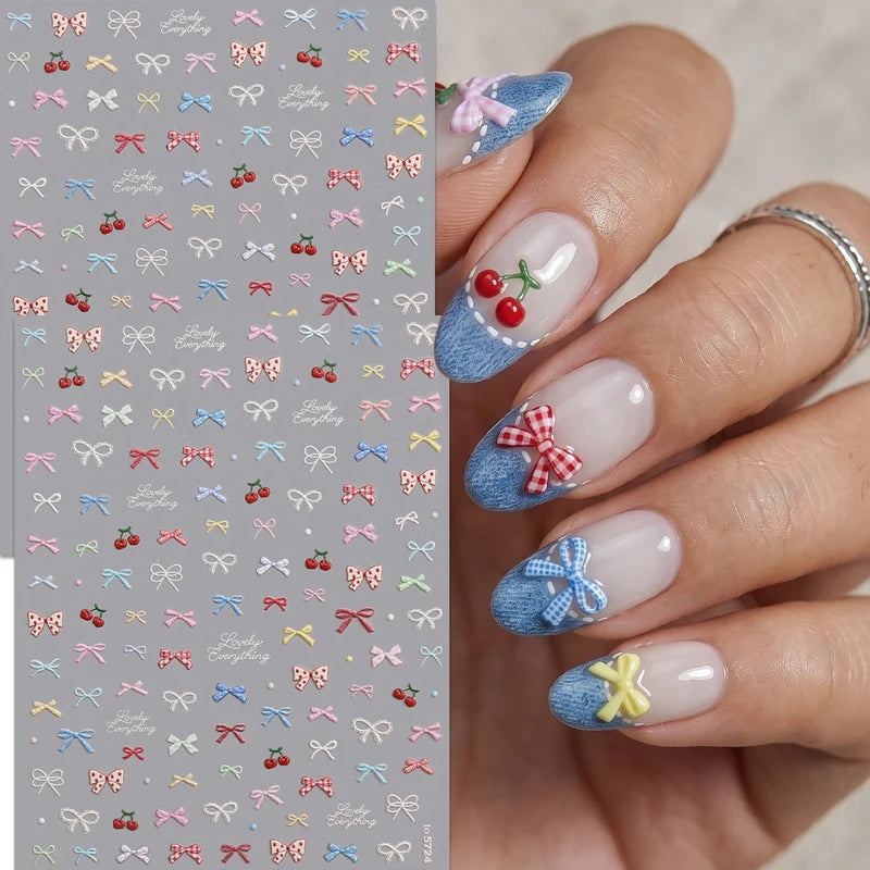 5D Embossed Bow & Cherry Nail Stickers - Textured Decals for DIY Manicure & Party