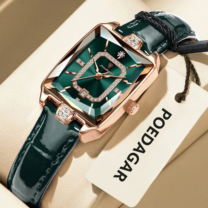Women’s Waterproof Leather Watch with Date Function - Rectangle Quartz Watch