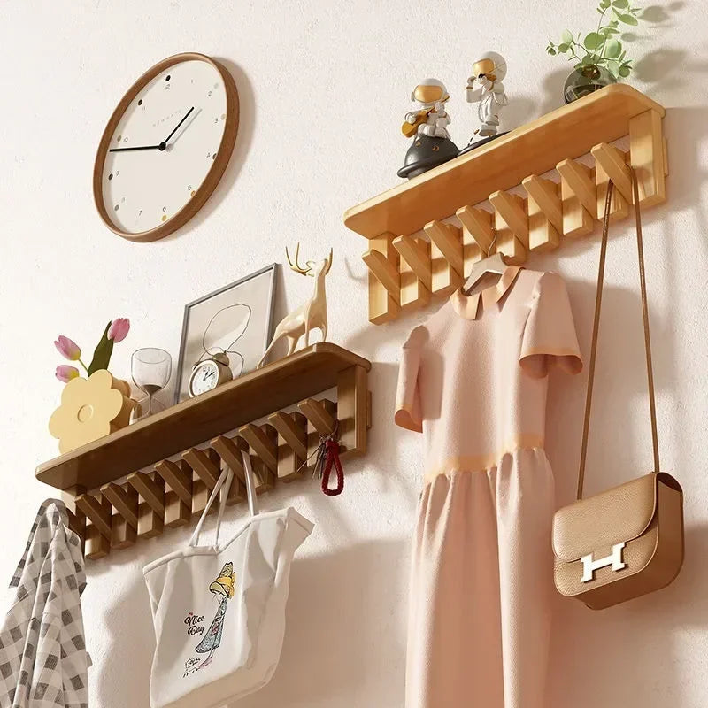 Solid Wood Wall Clothes Hanger Rack with Storage Shelf for Living Room Bedroom
