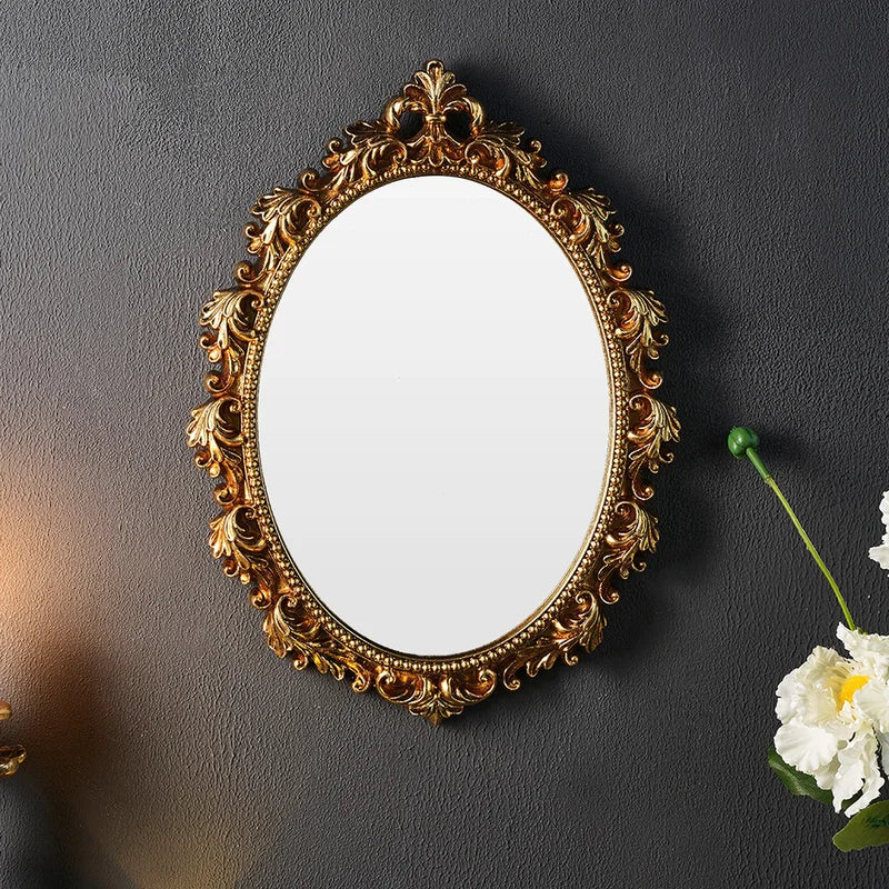 Golden Oval Resin Wall Mirror - Room Decor Hanging Mirror for Bedroom